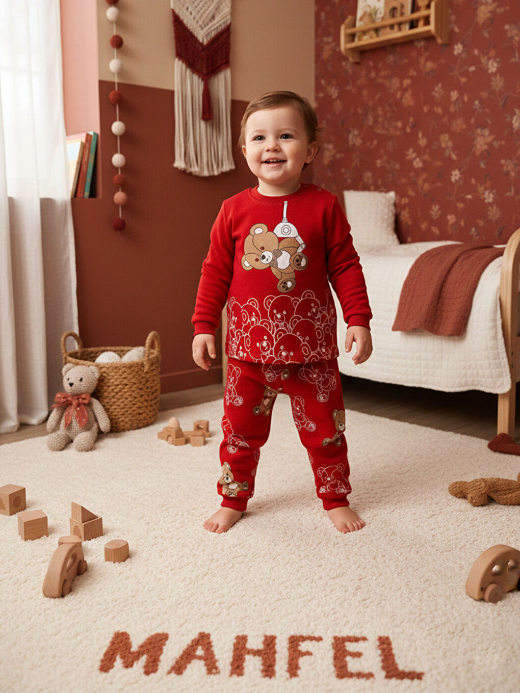 Kahverengi Pamuklu Kiremit Ayıcıklı Çocuk Pijama Takımı 1-6 Yaş-1