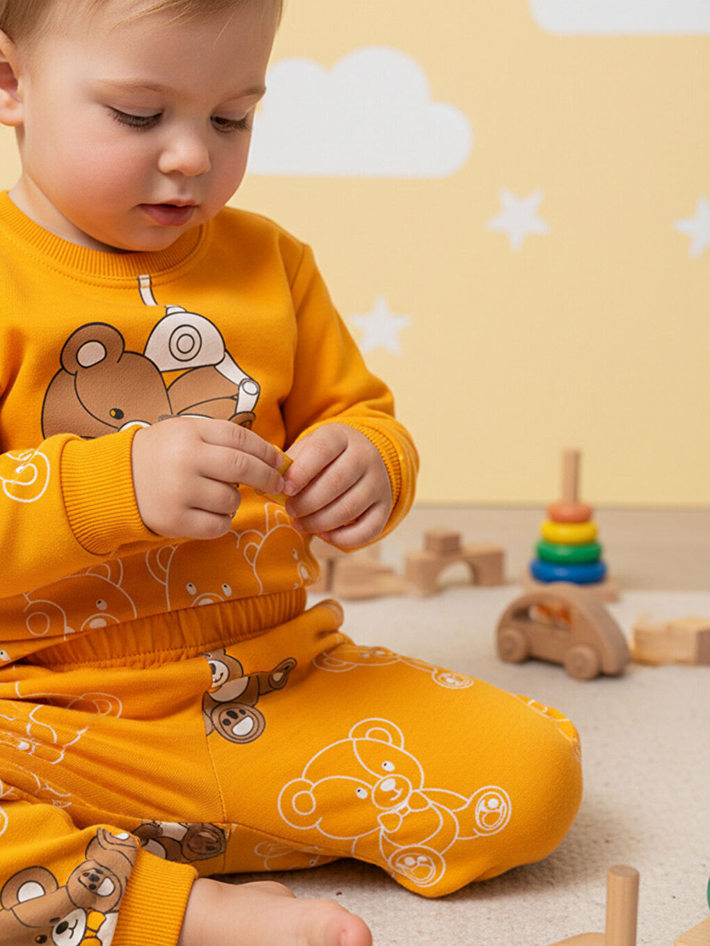 Premium Turuncu Ayıcıklı Çocuk Pijama Takımı 1-6 Yaş-5