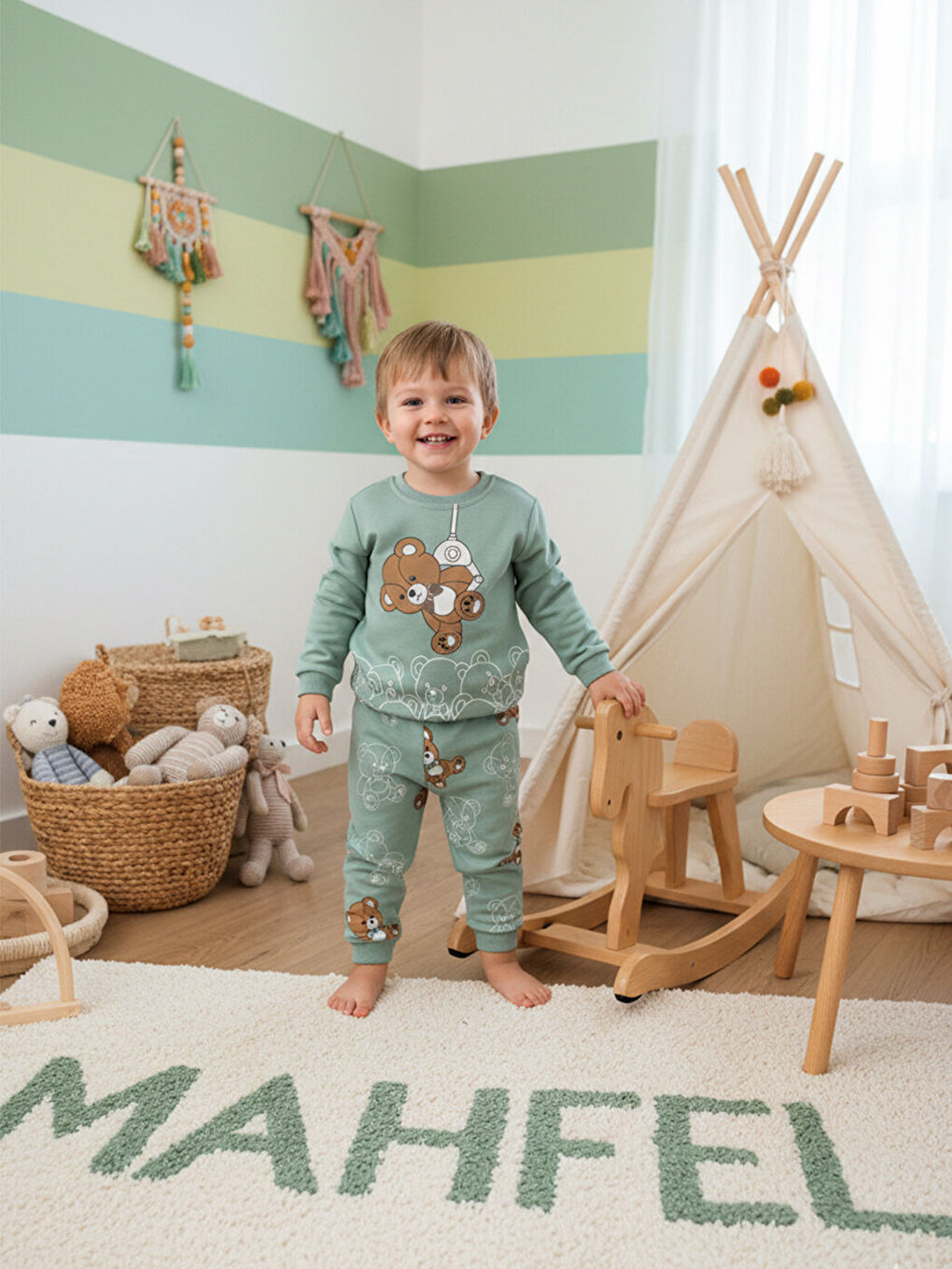 Premium Yeşil Ayıcıklı Çocuk Pijama Takımı 1-6 Yaş-1