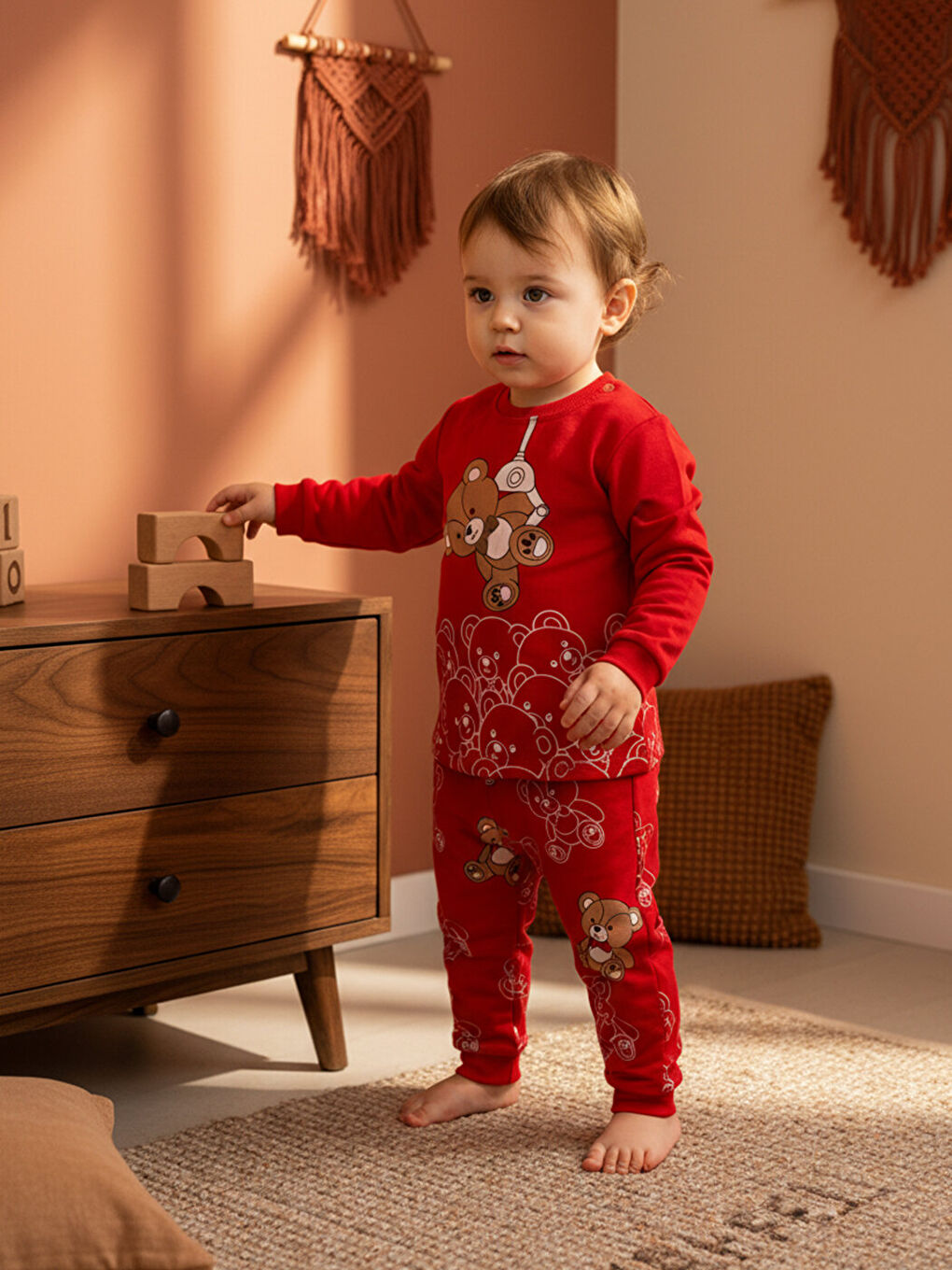 Kahverengi Pamuklu Kiremit Ayıcıklı Çocuk Pijama Takımı 1-6 Yaş-4