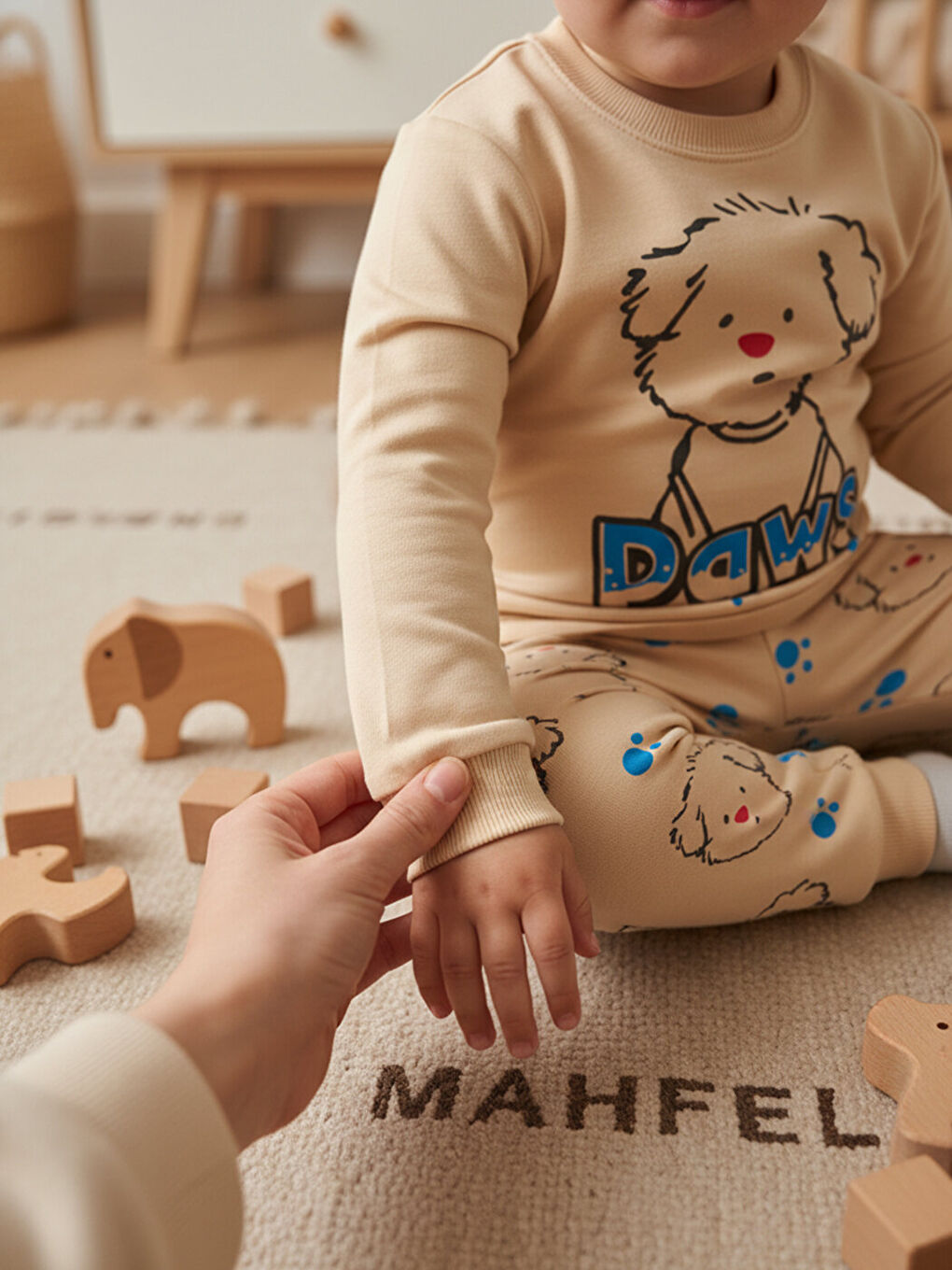 Bej Mevsimlik %100 Pamuklu Krem Köpekli Çocuk Pijama Takımı 1-6 Yaş-1