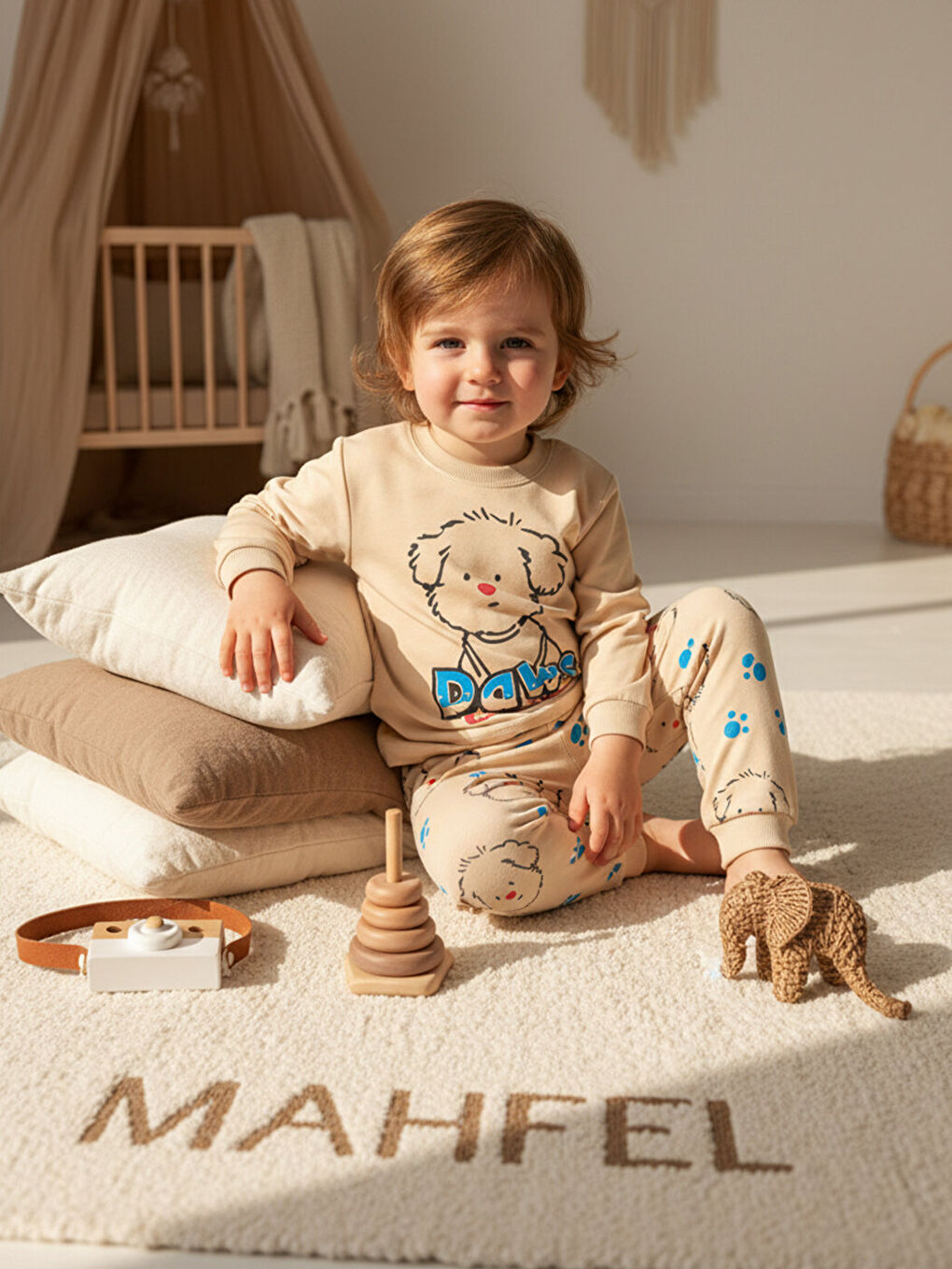 Bej Mevsimlik %100 Pamuklu Krem Köpekli Çocuk Pijama Takımı 1-6 Yaş-2