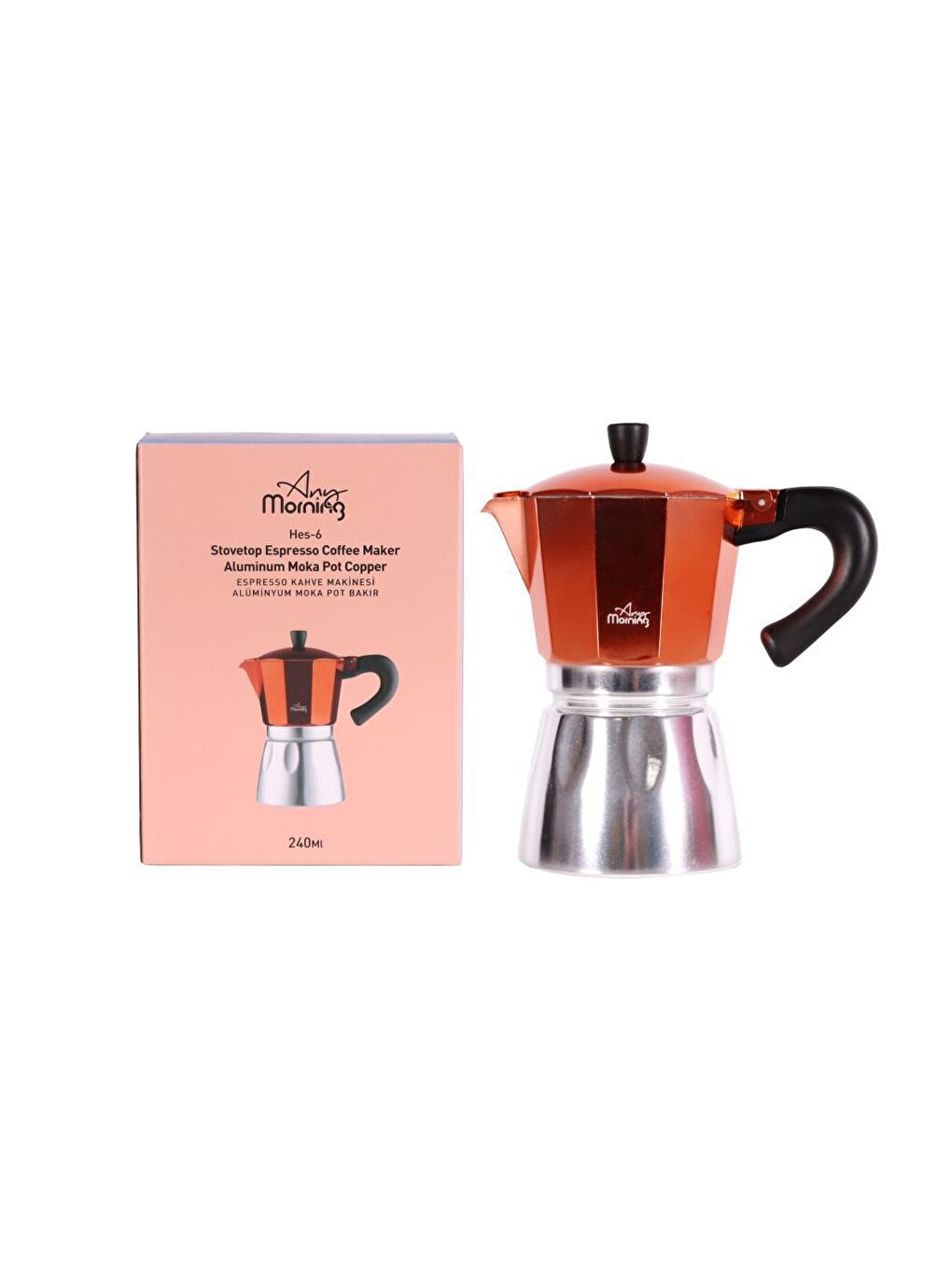 Any Morning Bakır Hes-6 Espresso Kahve Makinesi Alüminyum Moka Pot 240 Ml Bakır - 4