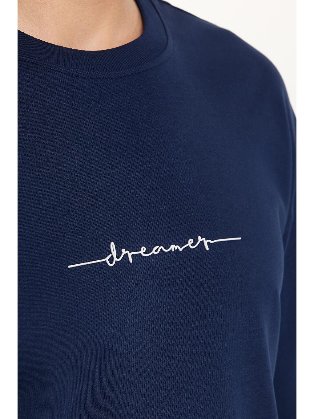 Erkek Slim Fit Dar Kesim Pamuklu Baskılı Lacivert Bisiklet Yaka Tişört-2