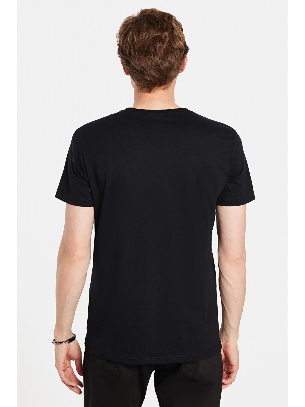 Erkek Slim Fit Dar Kesim %100 Pamuk Yumuşak Dokulu Baskılı Siyah Bisiklet Yaka Tişört-4