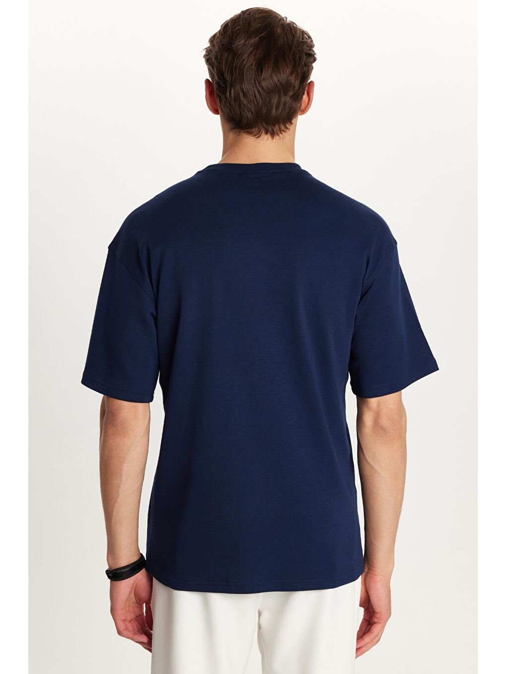 Erkek Slim Fit Dar Kesim Pamuklu Baskılı Lacivert Bisiklet Yaka Tişört-4