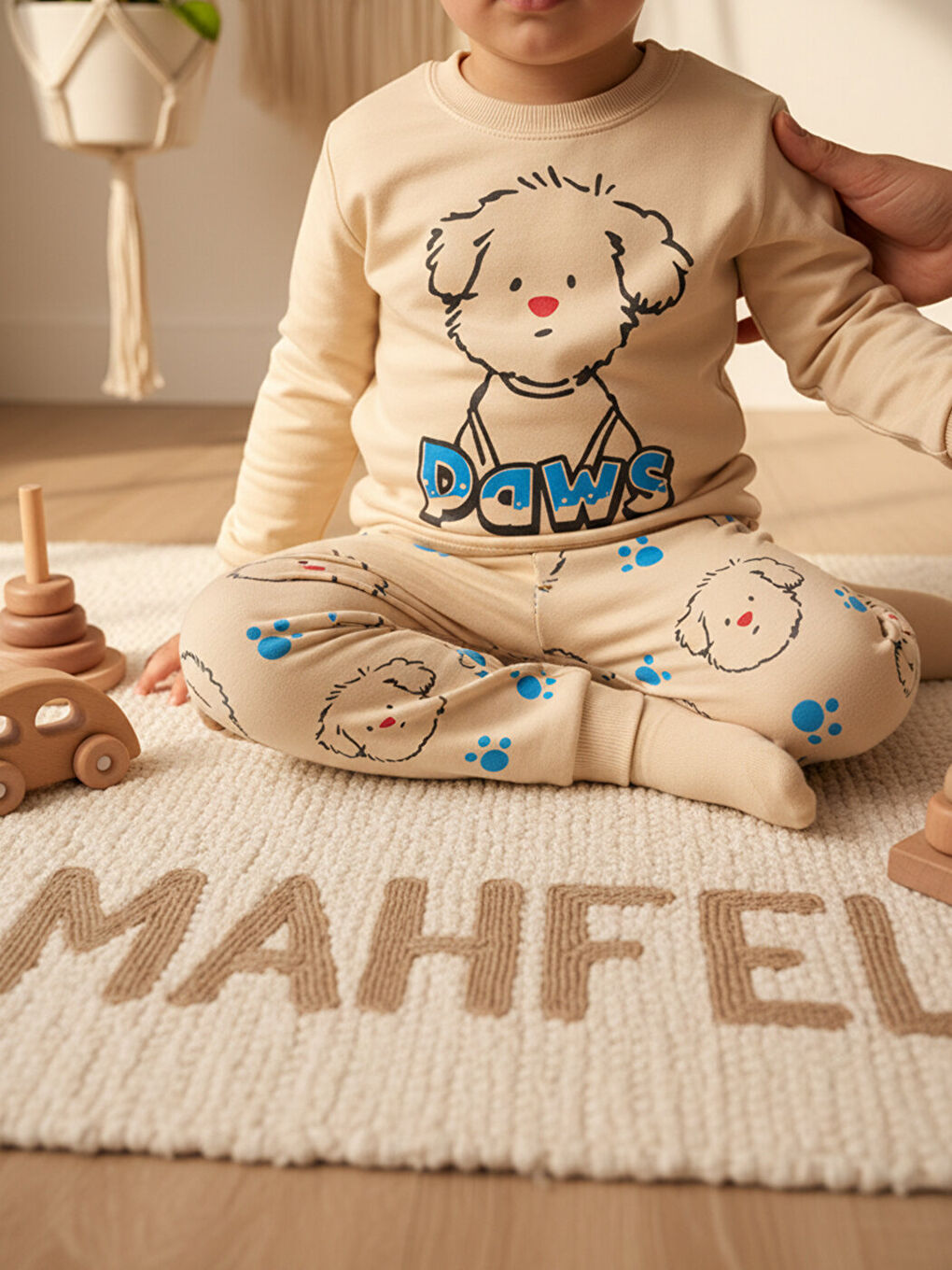 Bej Mevsimlik %100 Pamuklu Krem Köpekli Çocuk Pijama Takımı 1-6 Yaş-4