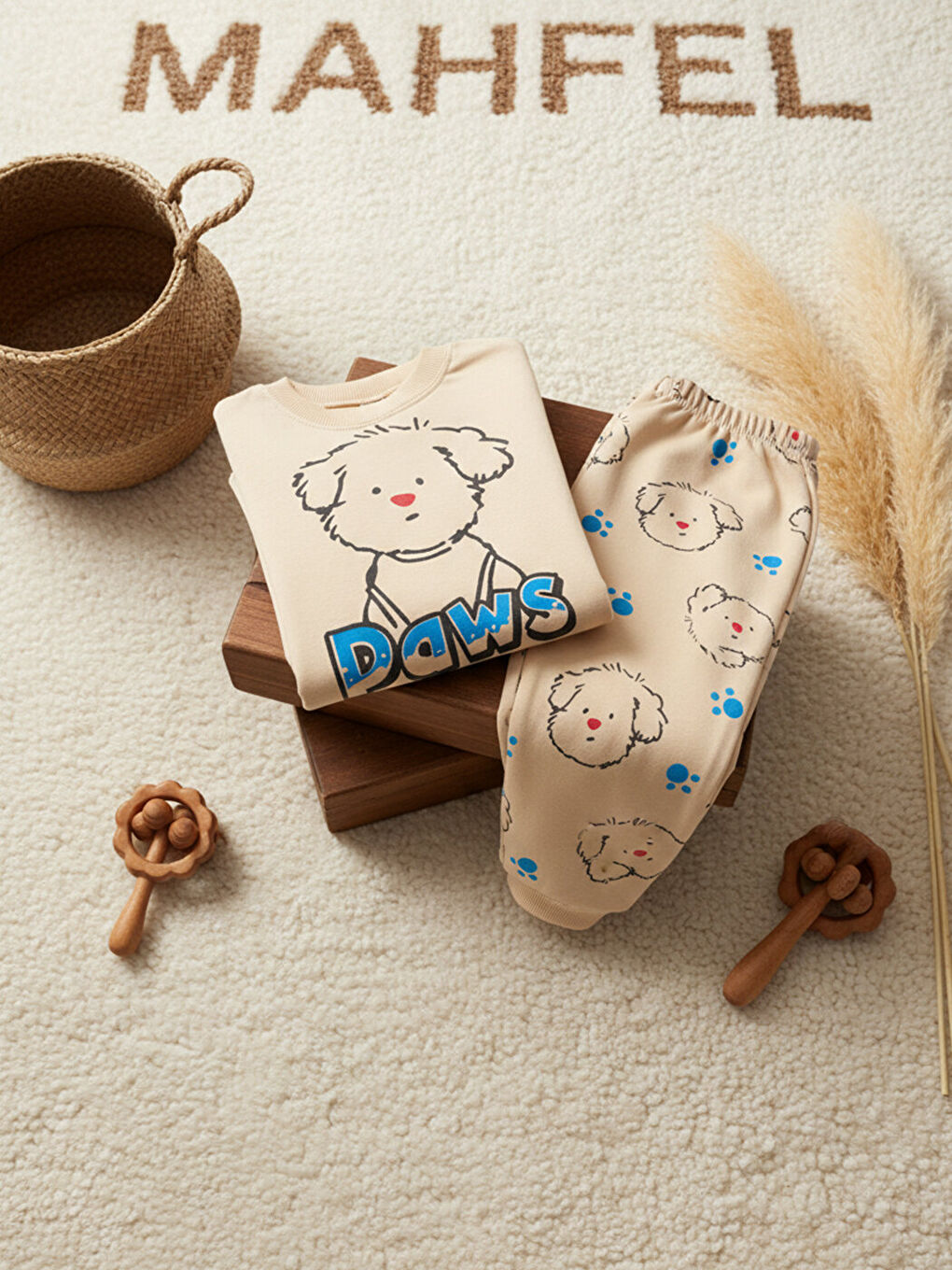 Bej Mevsimlik %100 Pamuklu Krem Köpekli Çocuk Pijama Takımı 1-6 Yaş-5