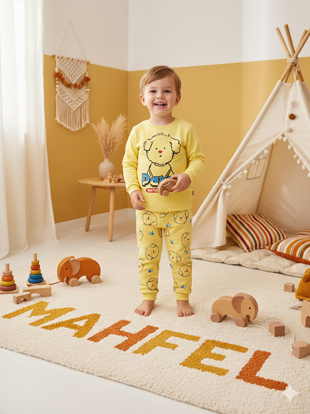 %100 Pamuklu Premium Seri Sarı Köpekli Çocuk Pijama Takımı 1-6 Yaş-2
