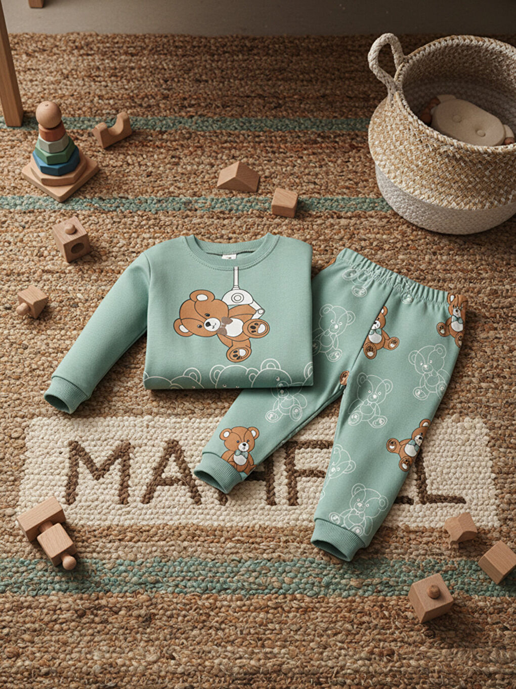 Premium Yeşil Ayıcıklı Çocuk Pijama Takımı 1-6 Yaş-4