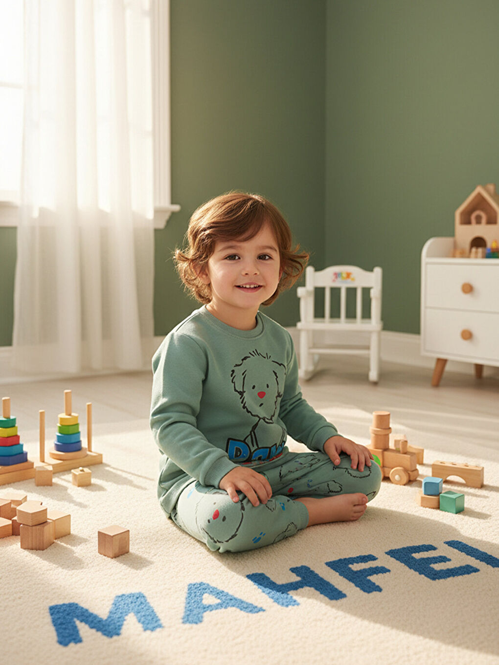 %100 Pamuklu Premium Yeşil Köpekli Çocuk Pijama Takımı 1-6 Yaş-4