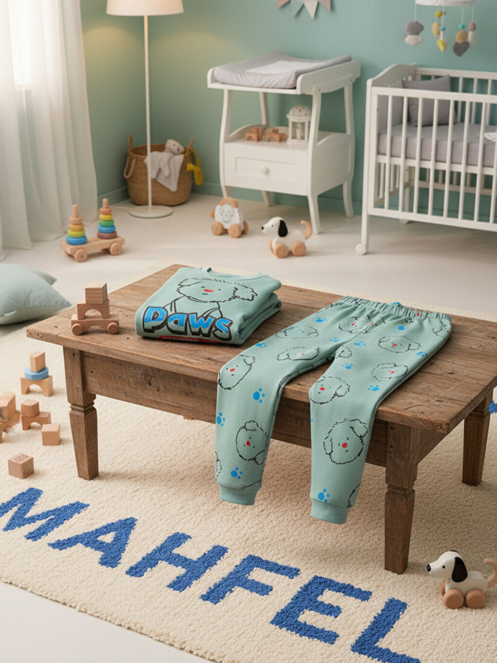 %100 Pamuklu Premium Yeşil Köpekli Çocuk Pijama Takımı 1-6 Yaş-5