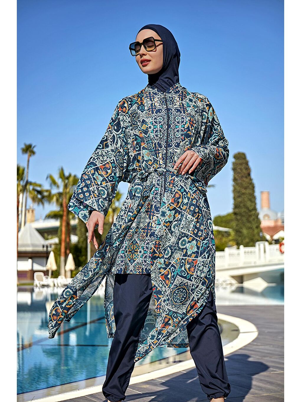 Lacivert Tesettür Mayo Üzerine Tek Kaftan Kimono Pareo RP011 İznik-1