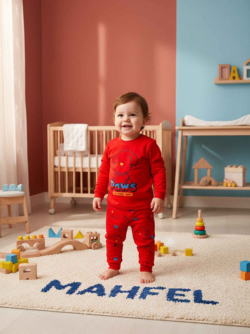 %100 Pamuklu Premium Seri Kırmızı Köpekli Çocuk Pijama Takımı 1-6 Yaş-1