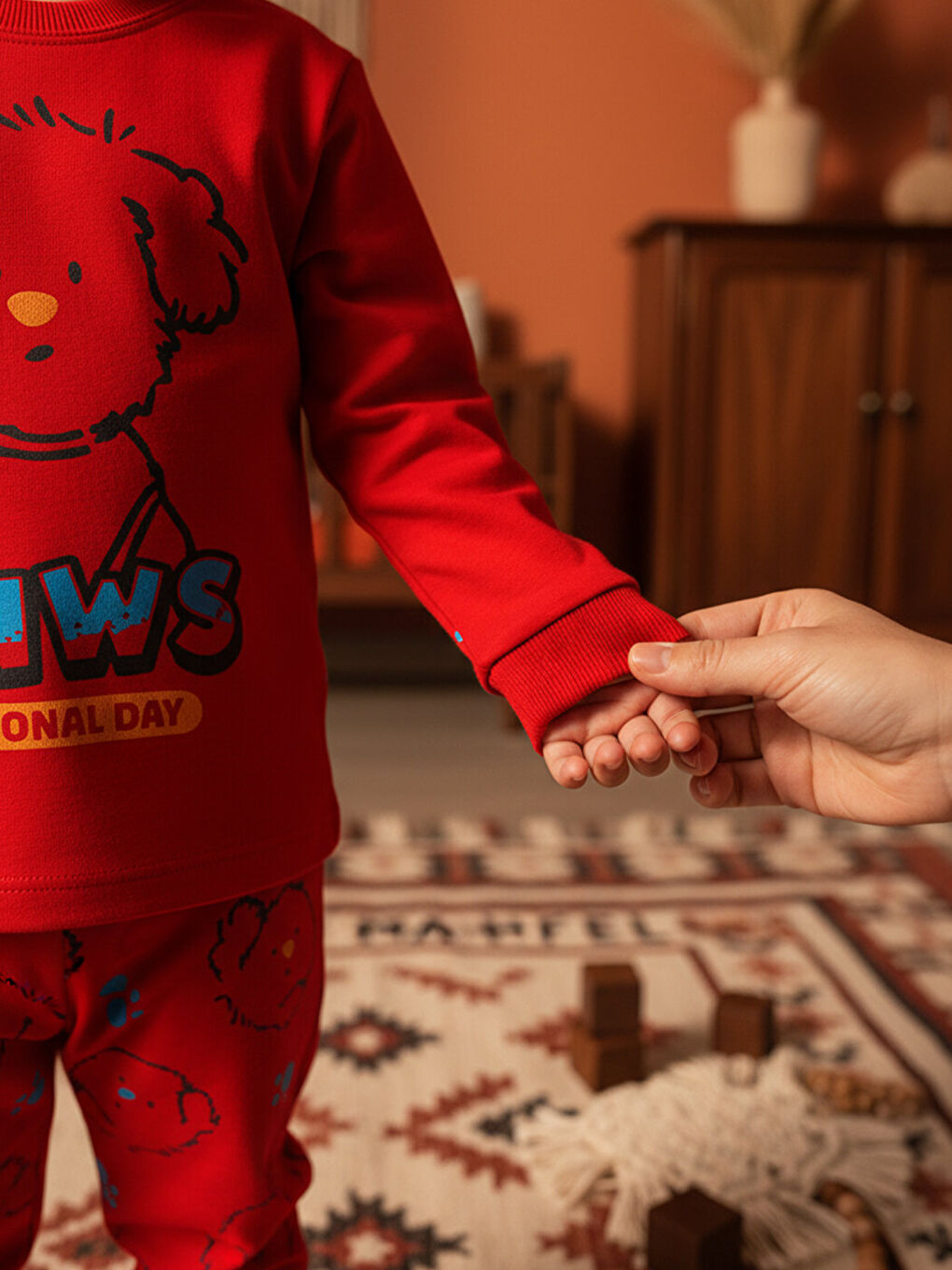 %100 Pamuklu Premium Seri Kırmızı Köpekli Çocuk Pijama Takımı 1-6 Yaş-2