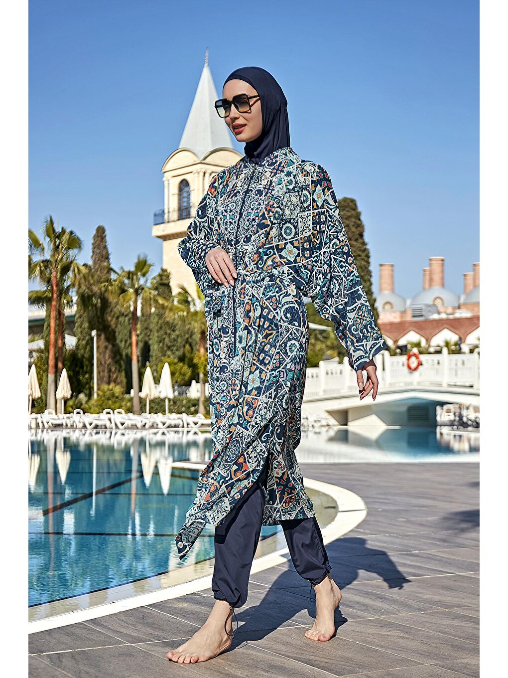 Lacivert Tesettür Mayo Üzerine Tek Kaftan Kimono Pareo RP011 İznik-2