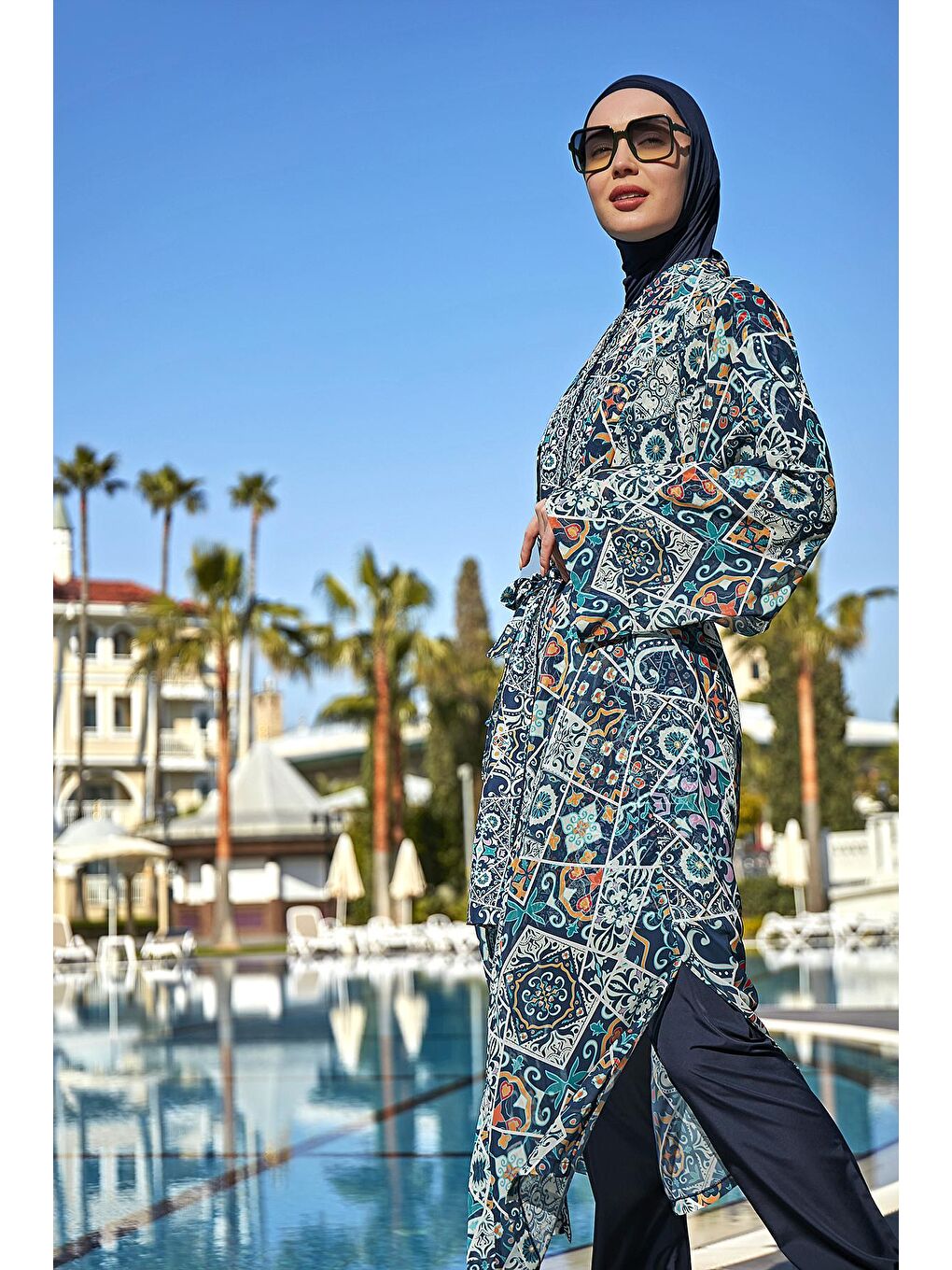 Lacivert Tesettür Mayo Üzerine Tek Kaftan Kimono Pareo RP011 İznik-3