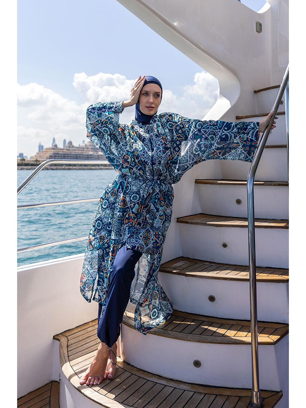 Lacivert Tesettür Mayo Üzerine Tek Kaftan Kimono Pareo RP011 İznik-4