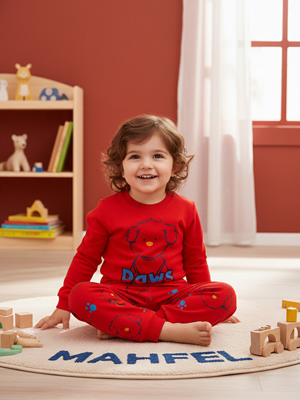 %100 Pamuklu Premium Seri Kırmızı Köpekli Çocuk Pijama Takımı 1-6 Yaş-5