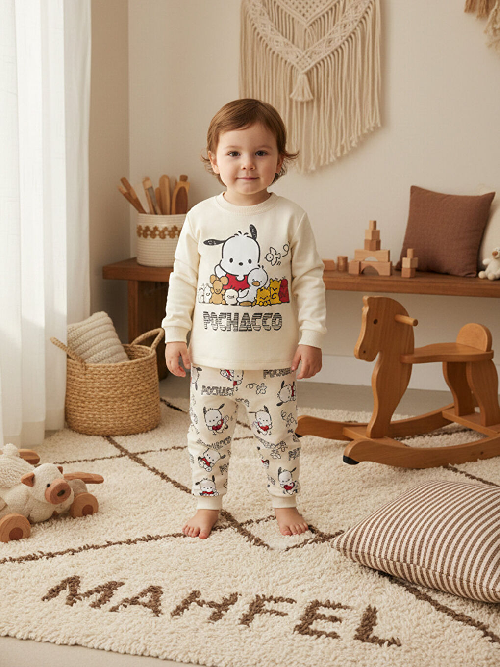Premium %100 Pamuklu Ekru Yavru Köpekli Çocuk Pijama Takımı 1-6 Yaş-1