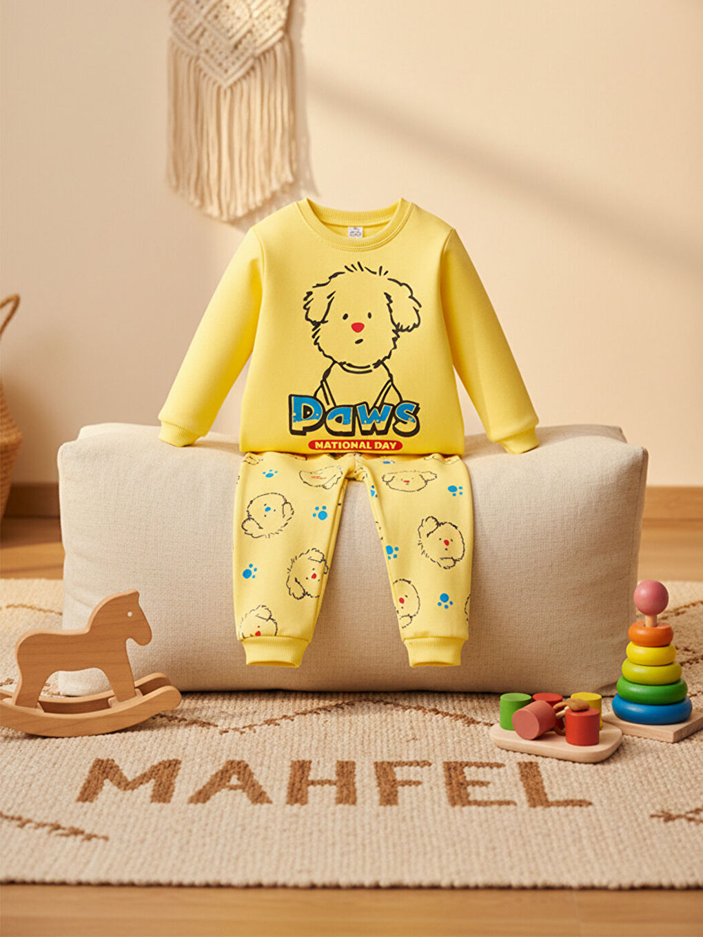 %100 Pamuklu Premium Seri Sarı Köpekli Çocuk Pijama Takımı 1-6 Yaş-5