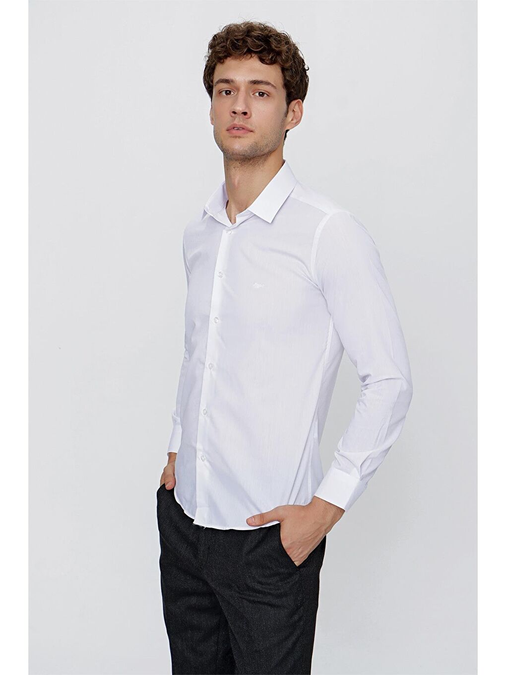Beyaz Uzun Kol Düz Bez Ayağı 041 Sert Yaka Basic Slim Fit Gömlek 1004245057-2
