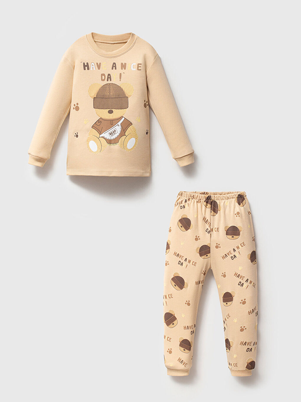 Beyaz %100 Pamuklu Kız Çocuk Krem Teddy Bear Baskılı Çocuk Pijama Takımı 1-6 Yaş