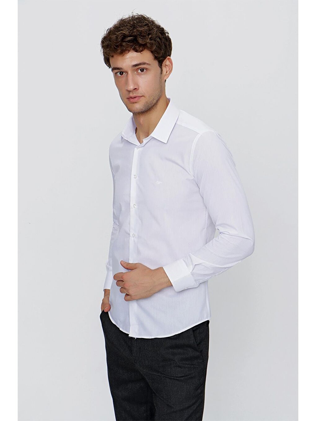 Beyaz Uzun Kol Düz Bez Ayağı 041 Sert Yaka Basic Slim Fit Gömlek 1004245057-3