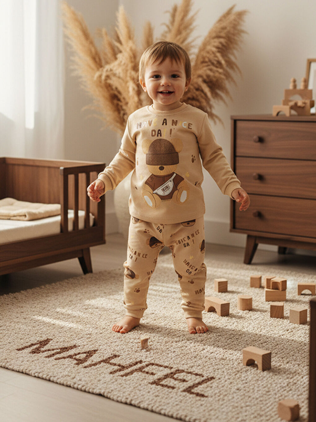 Beyaz %100 Pamuklu Kız Çocuk Krem Teddy Bear Baskılı Çocuk Pijama Takımı 1-6 Yaş-1