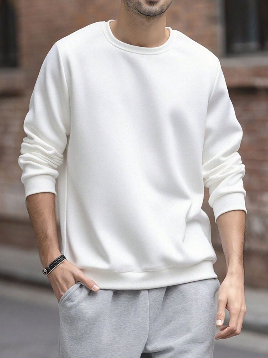 Erkek Beyaz Bisiklet Yaka Düz 2 İplik Sweatshirt