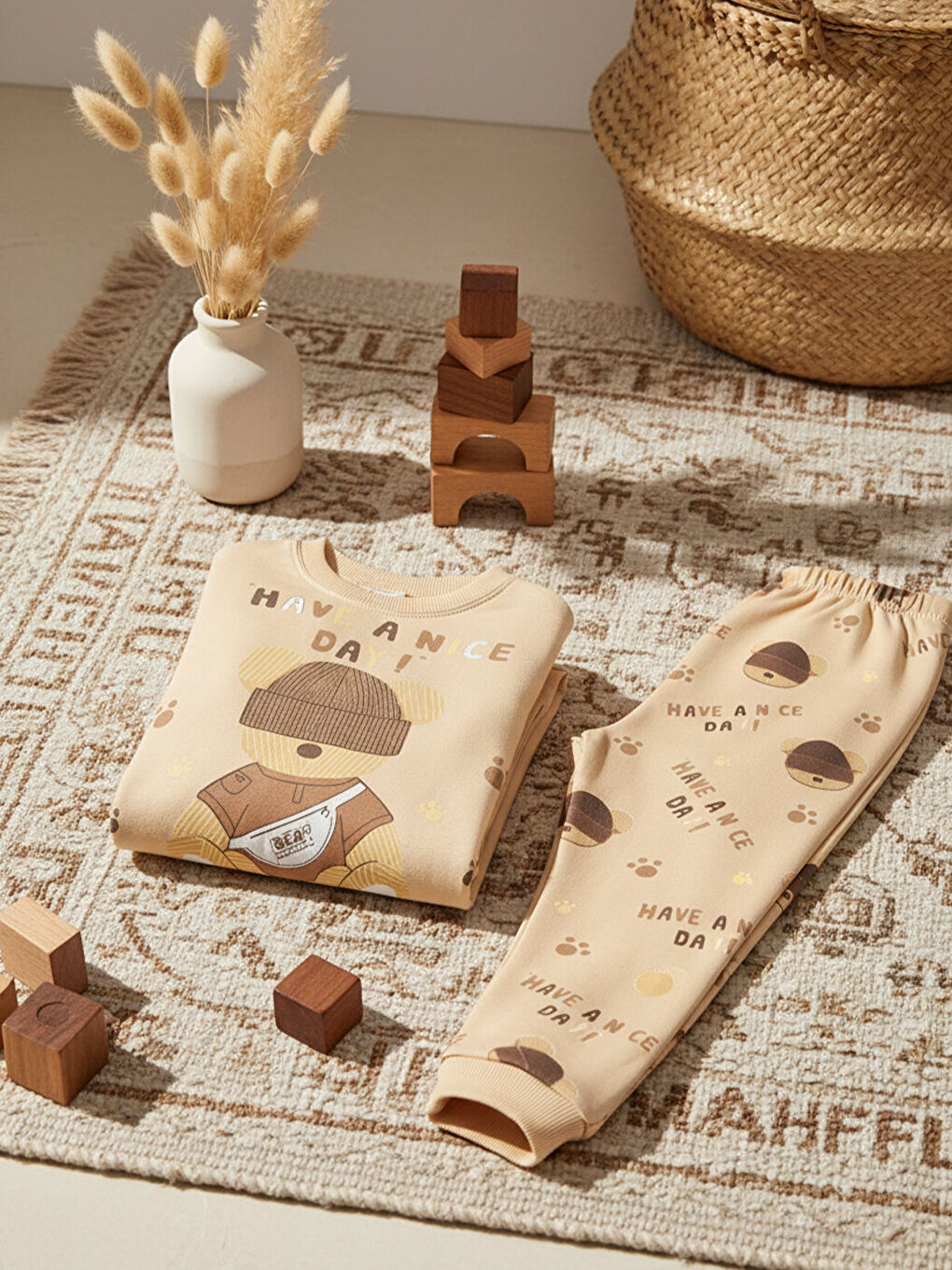 Beyaz %100 Pamuklu Kız Çocuk Krem Teddy Bear Baskılı Çocuk Pijama Takımı 1-6 Yaş-5