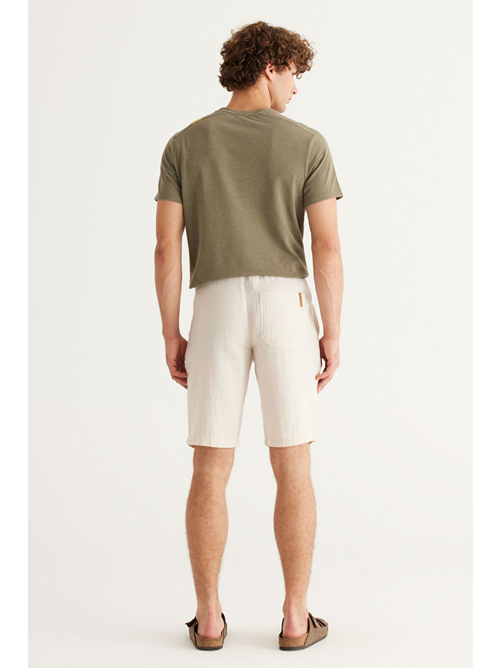 Erkek Bej Slim Fit Dar Kesim Yan Cepli %100 Pamuk Müslin Desenli Şort-6