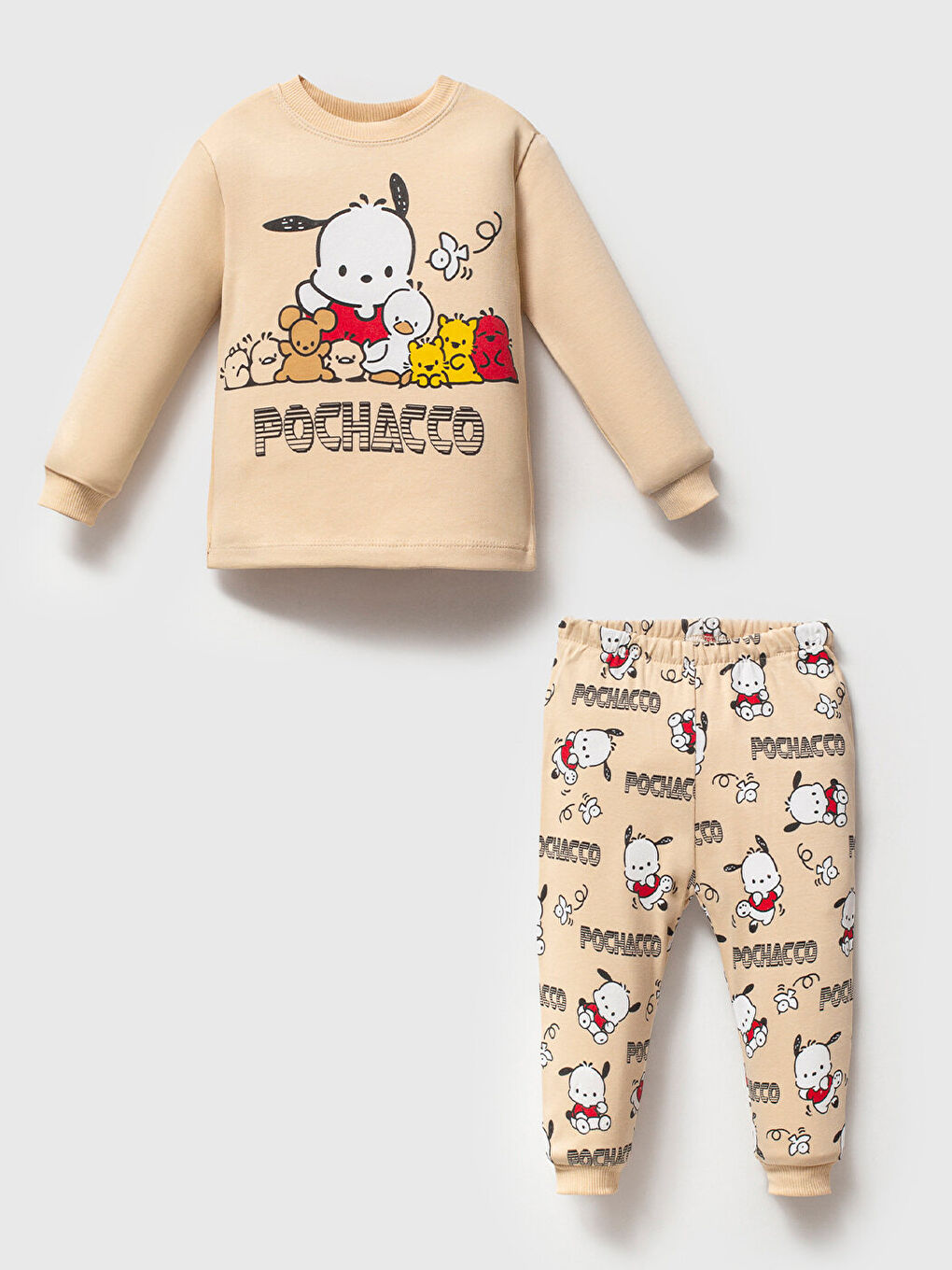 %100 Pamuklu Premium Bej Yavru Köpekli Çocuk Pijama Takımı 1-6 Yaş
