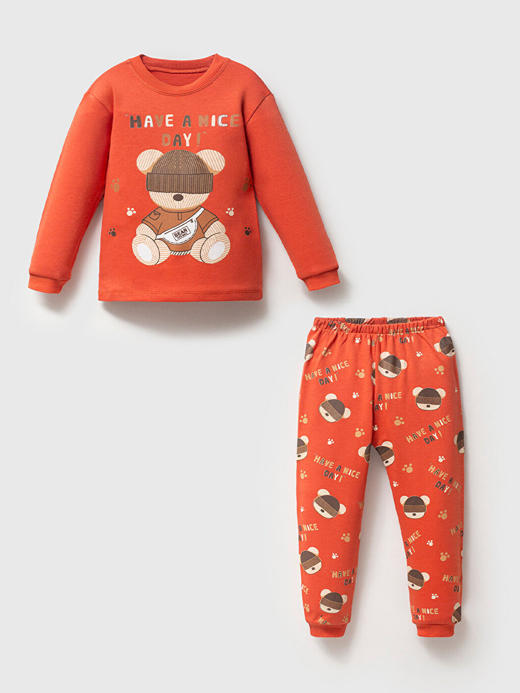 %100 Pamuklu Kırmızı Kız Çocuk Teddy Bear Baskılı Çocuk Pijama Takımı 1-6 Yaş