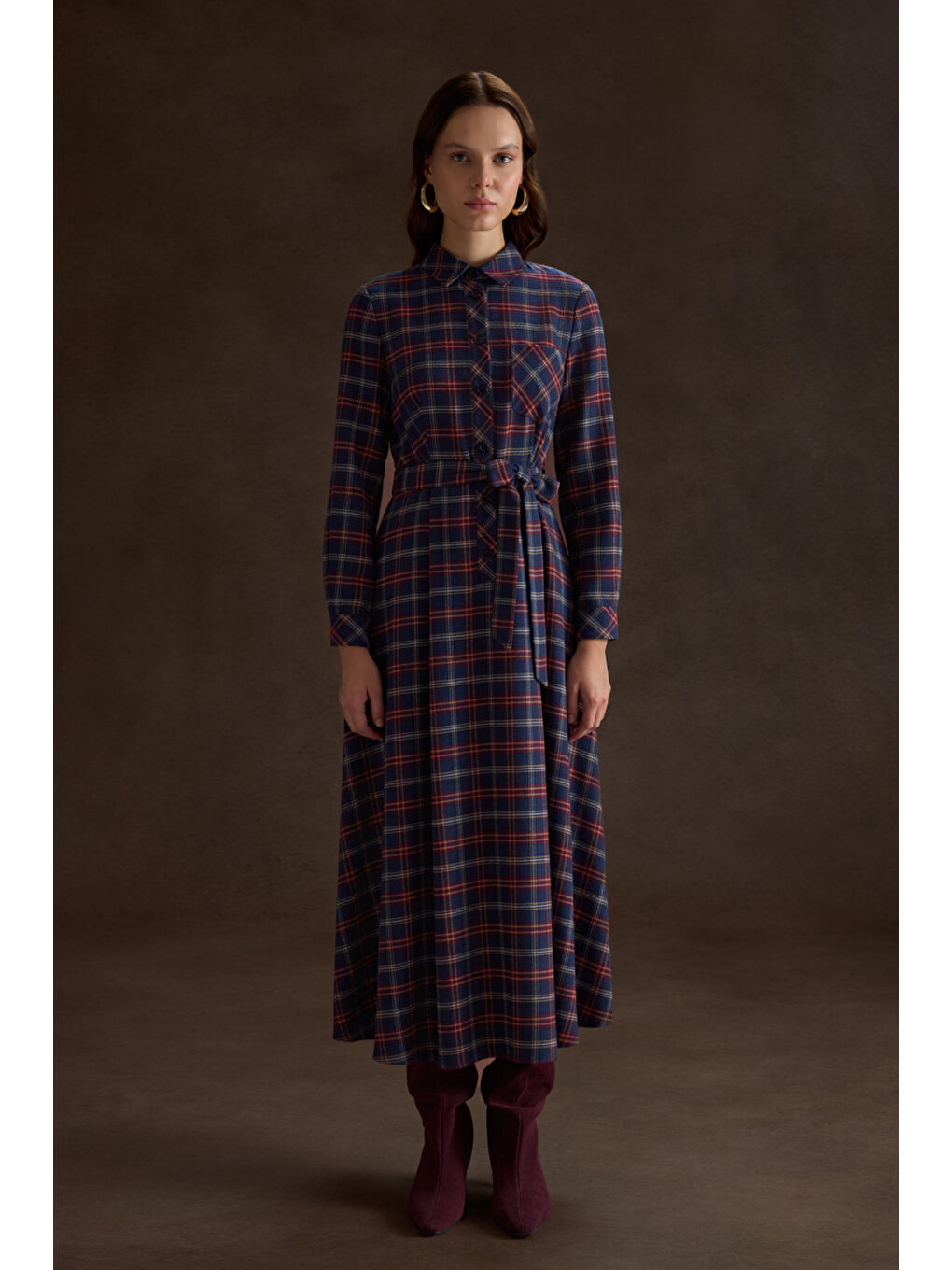 Lacivert Ekose Desenli Elbise