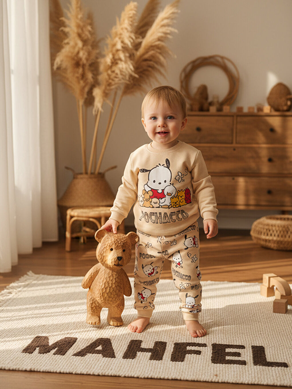 %100 Pamuklu Premium Bej Yavru Köpekli Çocuk Pijama Takımı 1-6 Yaş-2