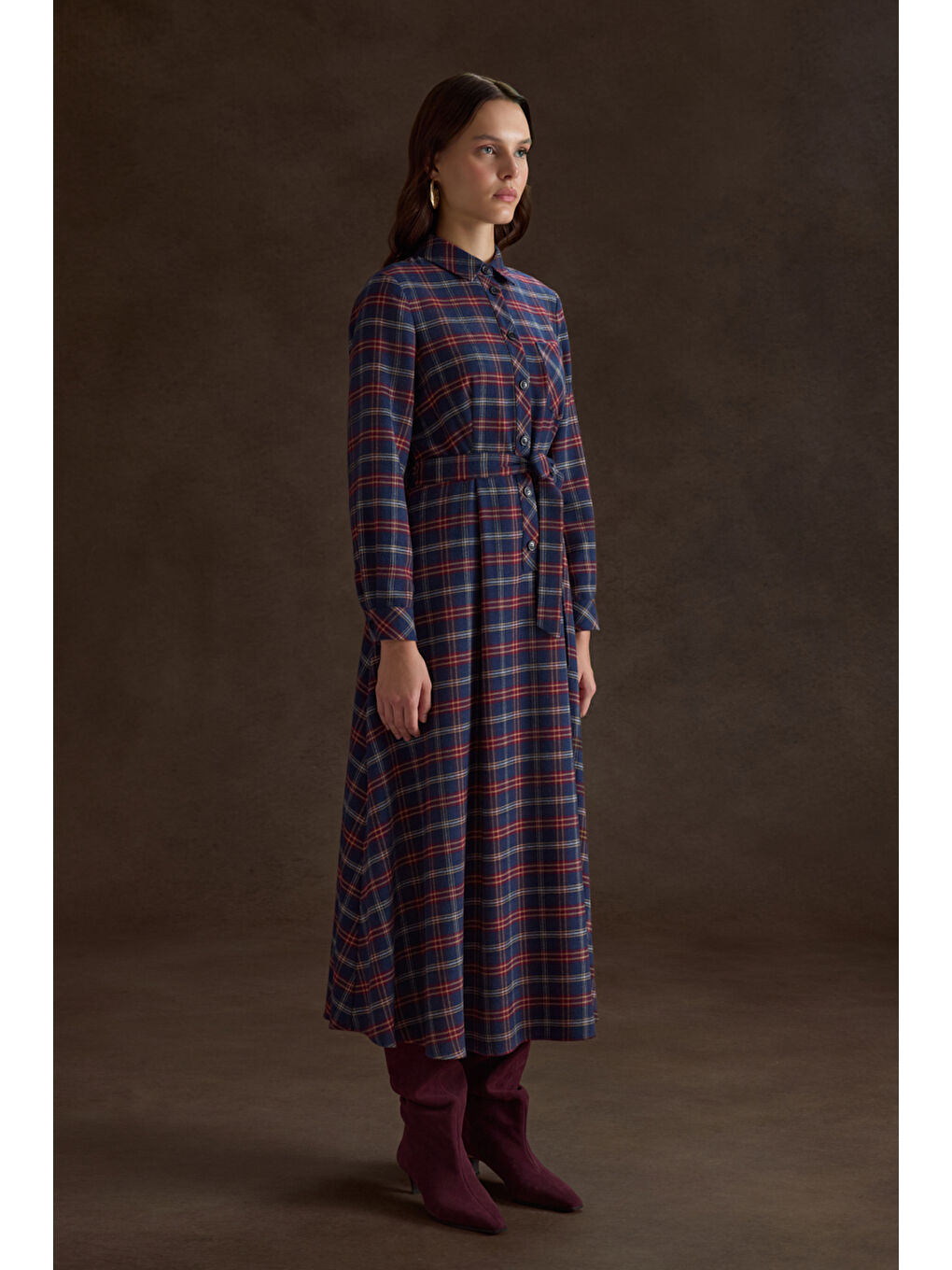 Lacivert Ekose Desenli Elbise-1