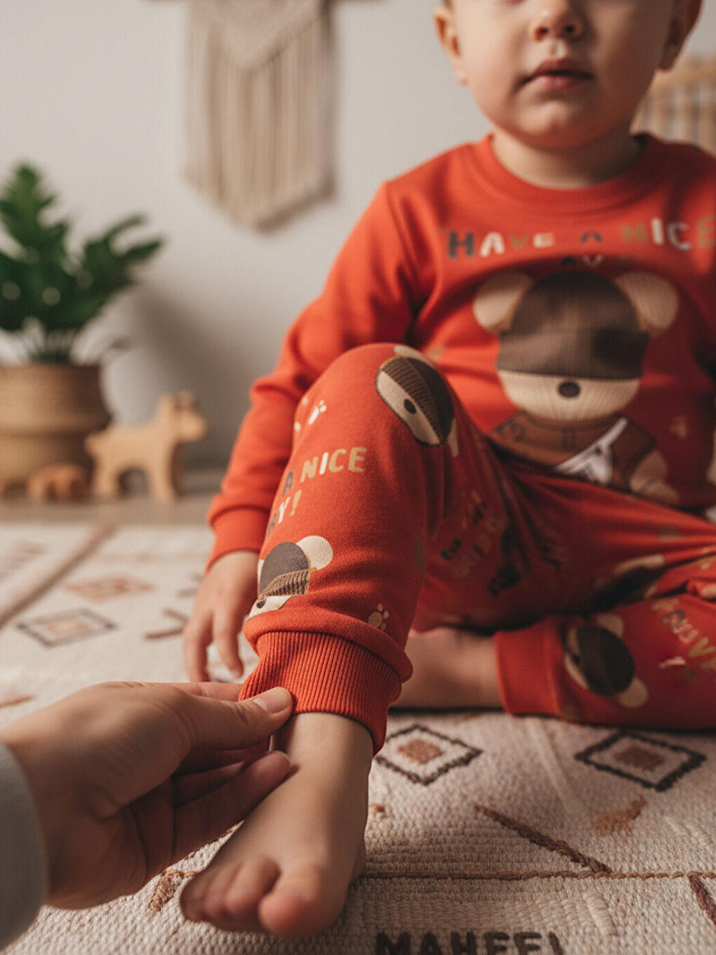 %100 Pamuklu Kırmızı Kız Çocuk Teddy Bear Baskılı Çocuk Pijama Takımı 1-6 Yaş-3