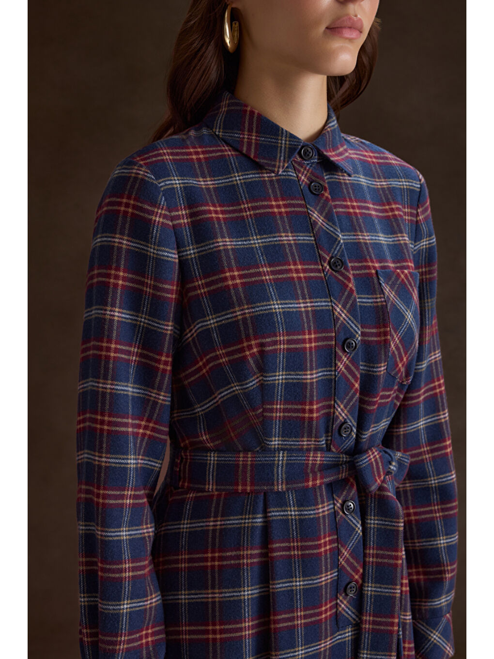 Lacivert Ekose Desenli Elbise-2