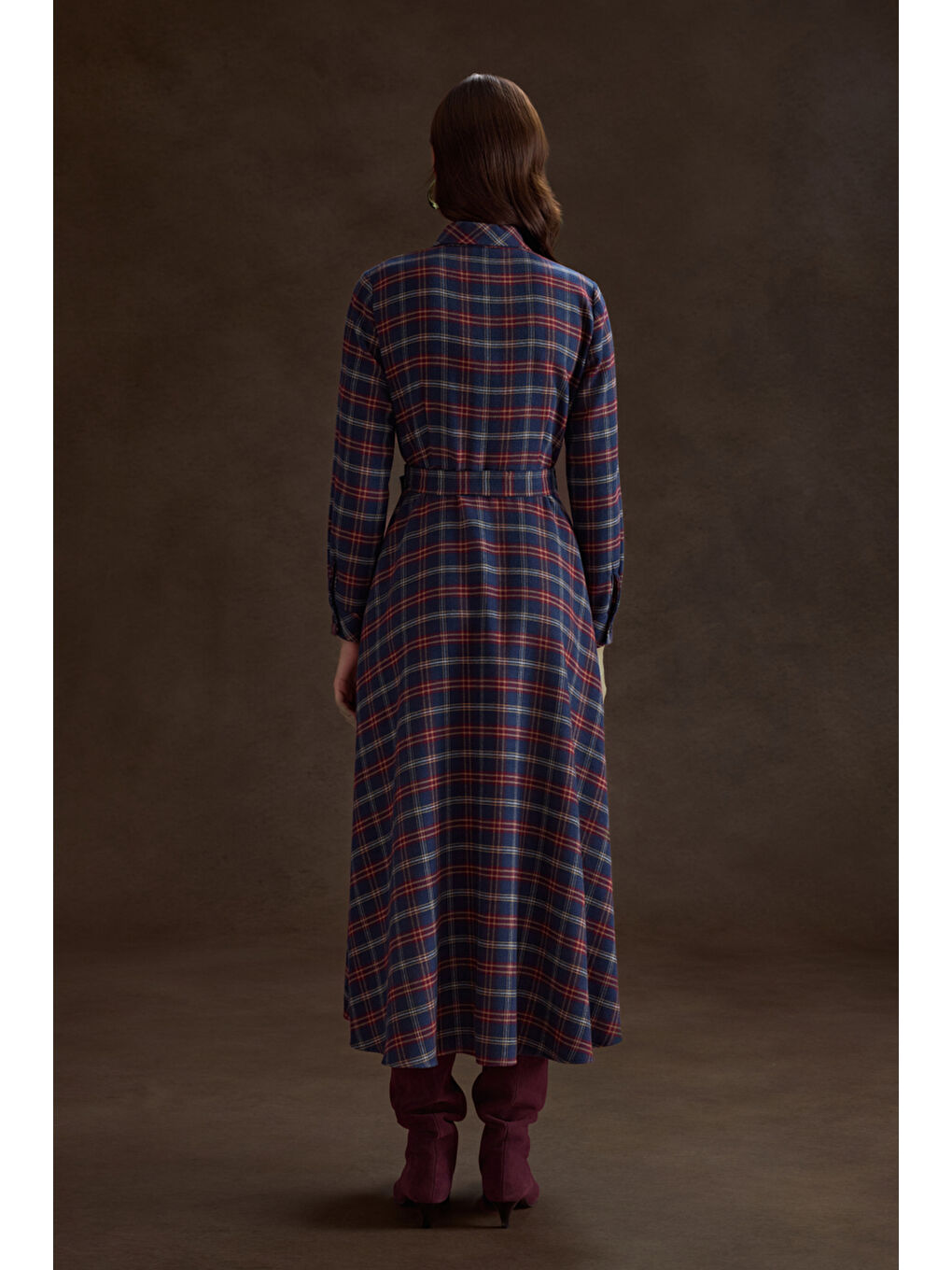 Lacivert Ekose Desenli Elbise-3