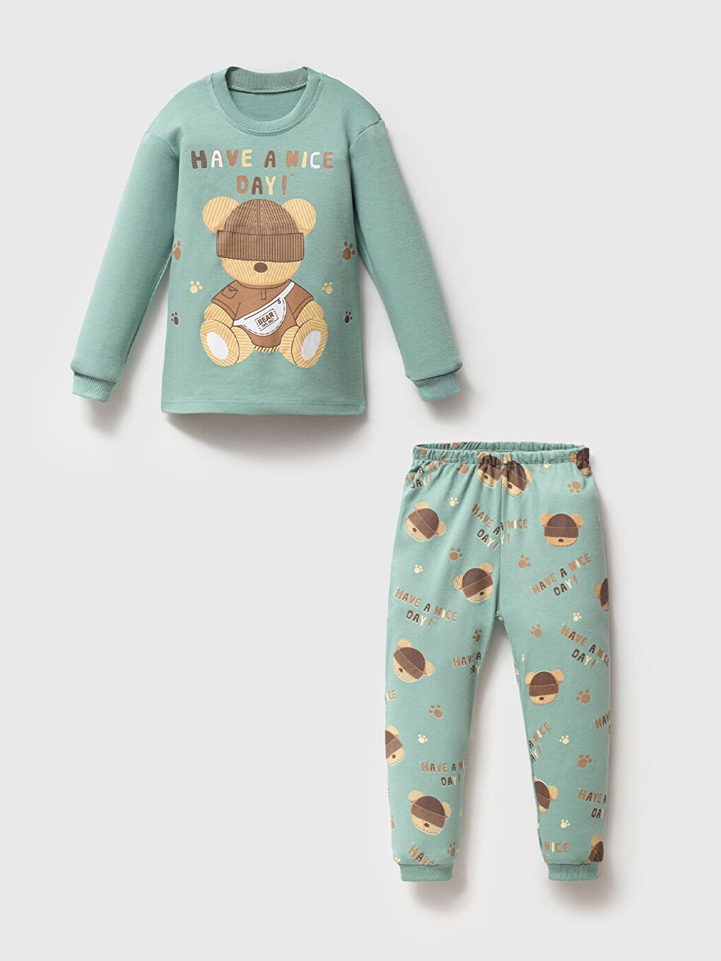 Haki Premium Kız Çocuk Yeşil Teddy Bear Baskılı Çocuk Pijama Takımı 1-6 Yaş