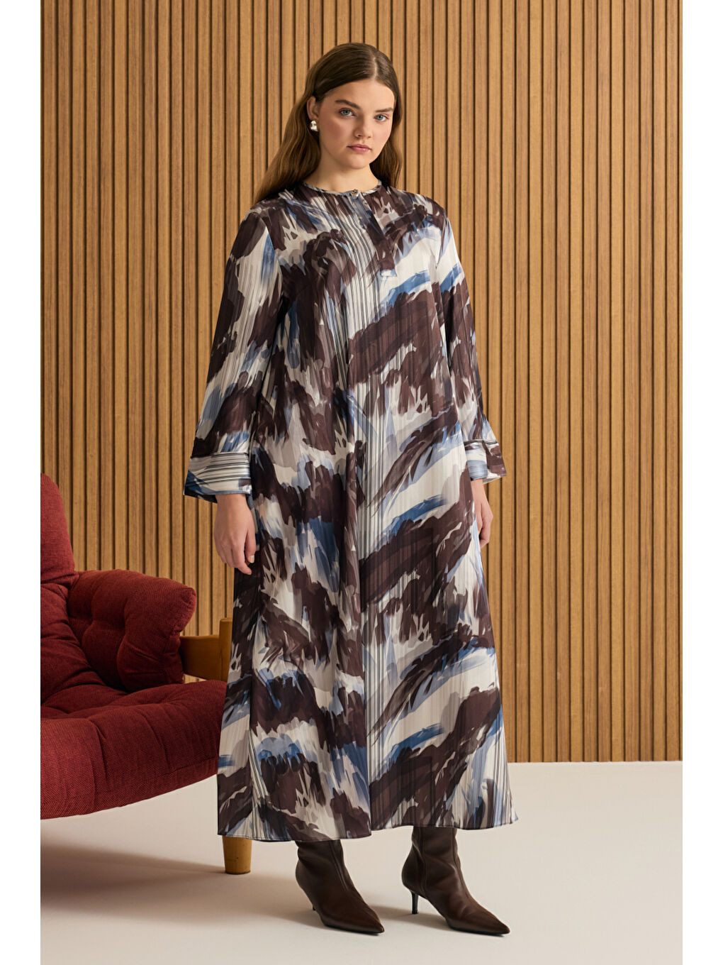 Kahverengi Desenli Elbise-1