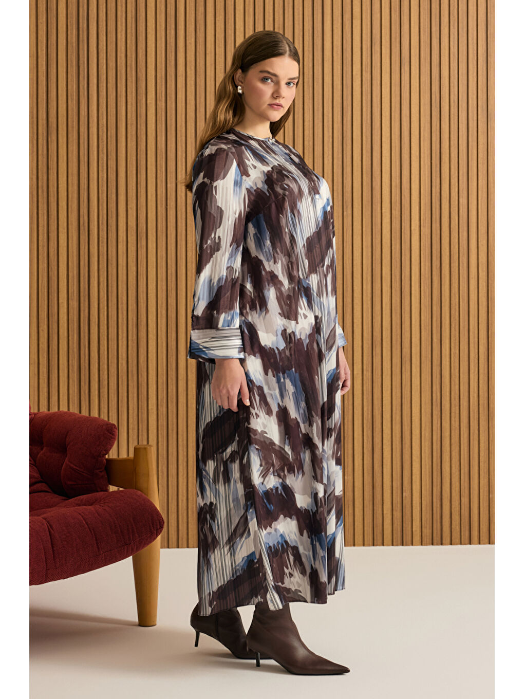 Kahverengi Desenli Elbise-2