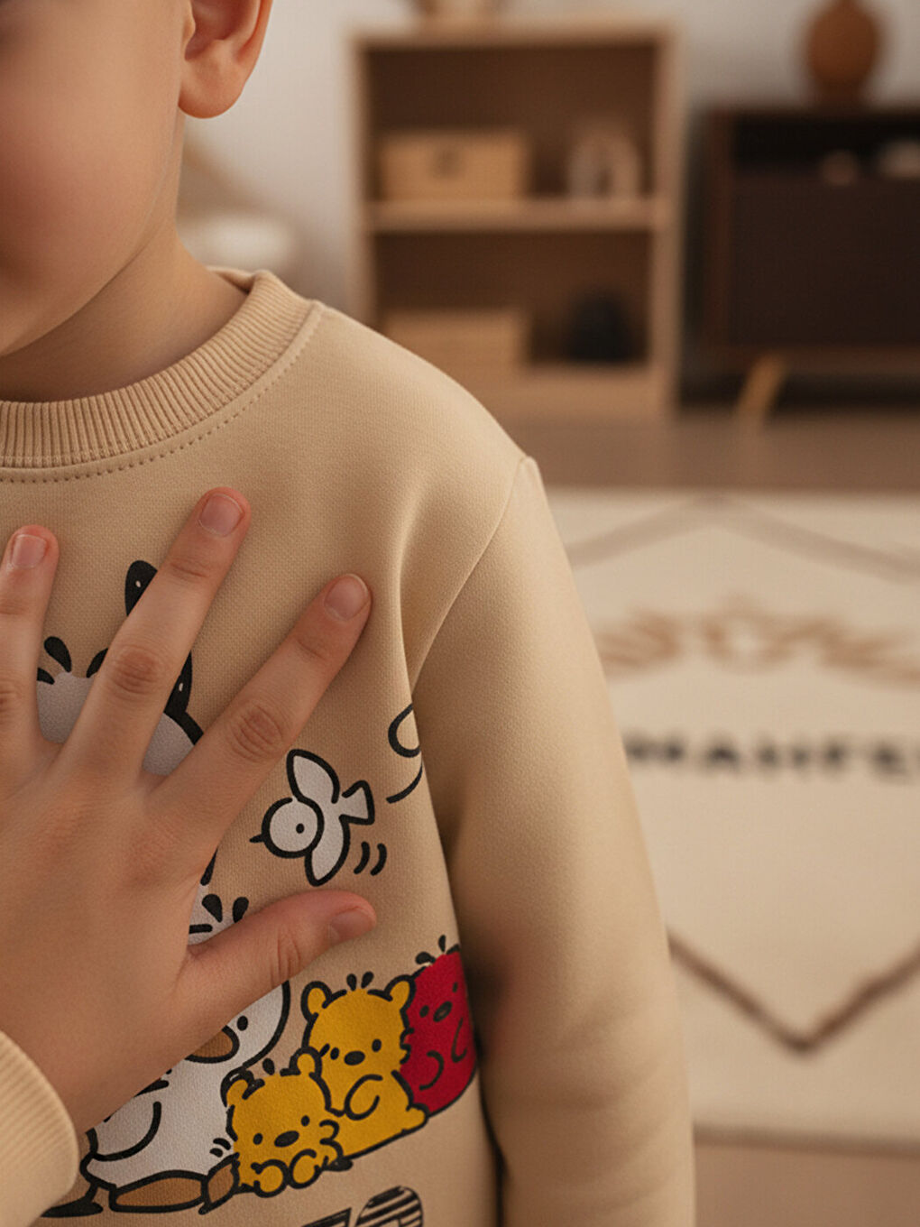 %100 Pamuklu Premium Bej Yavru Köpekli Çocuk Pijama Takımı 1-6 Yaş-5