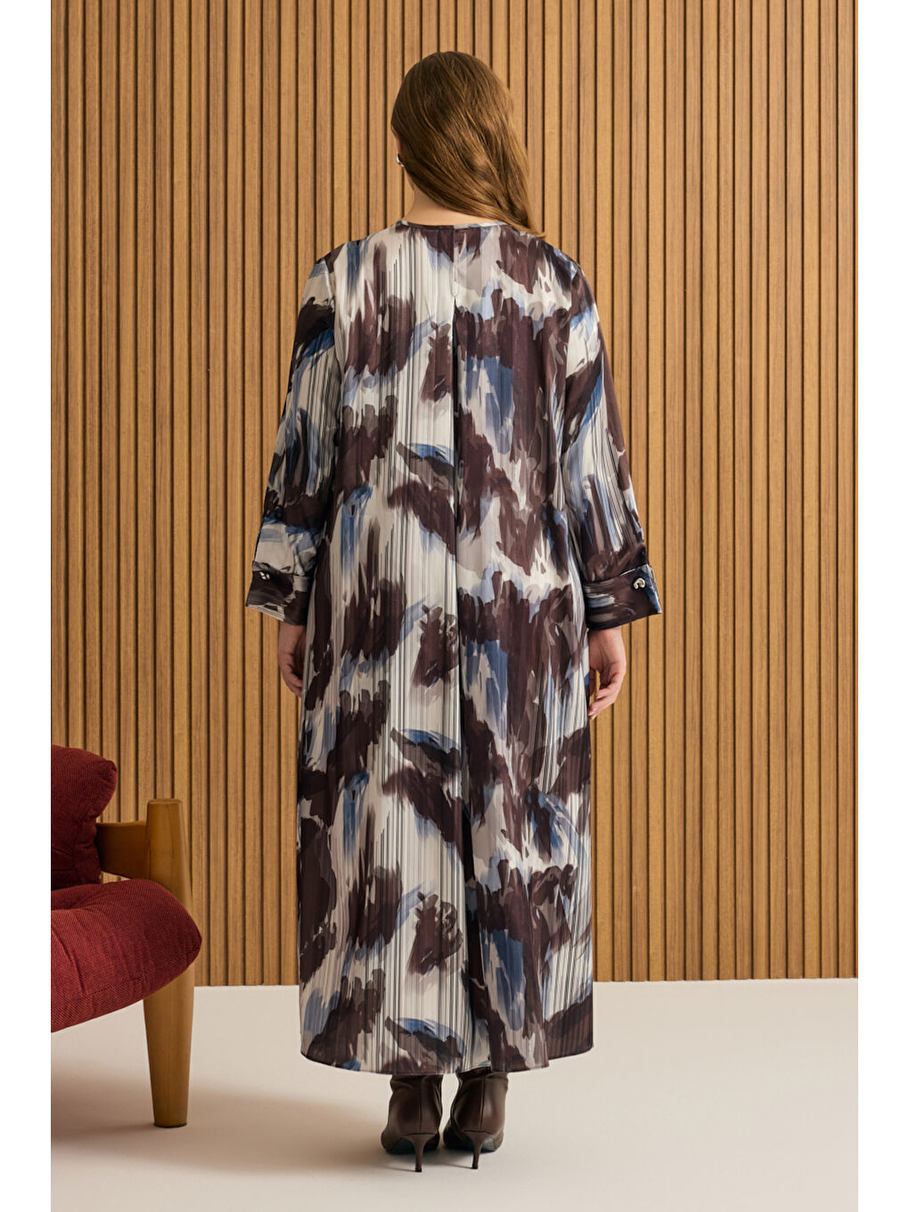 Kahverengi Desenli Elbise-4