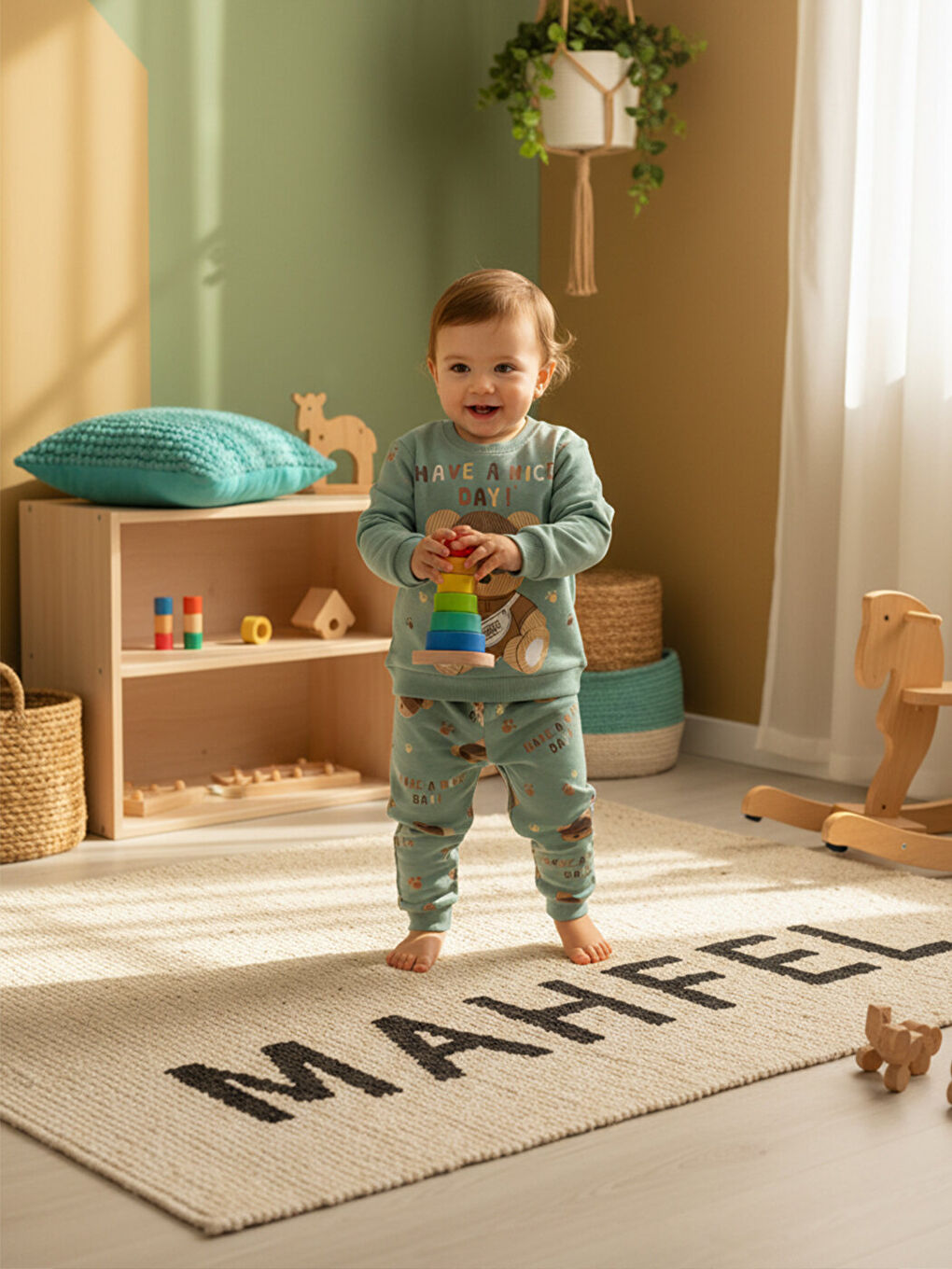 Haki Premium Kız Çocuk Yeşil Teddy Bear Baskılı Çocuk Pijama Takımı 1-6 Yaş-3