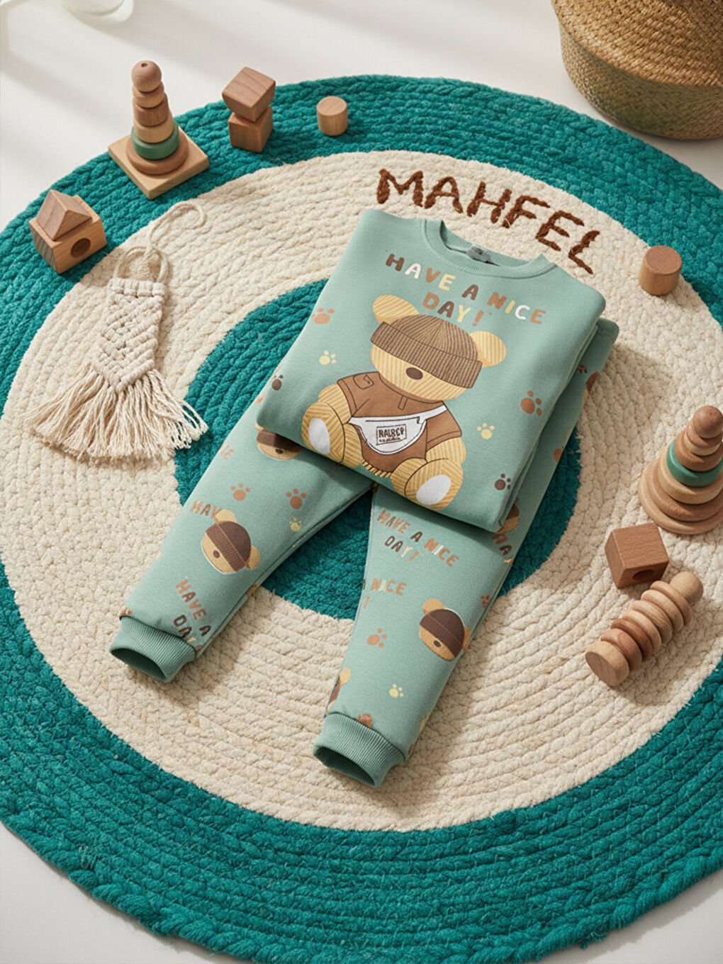 Haki Premium Kız Çocuk Yeşil Teddy Bear Baskılı Çocuk Pijama Takımı 1-6 Yaş-4