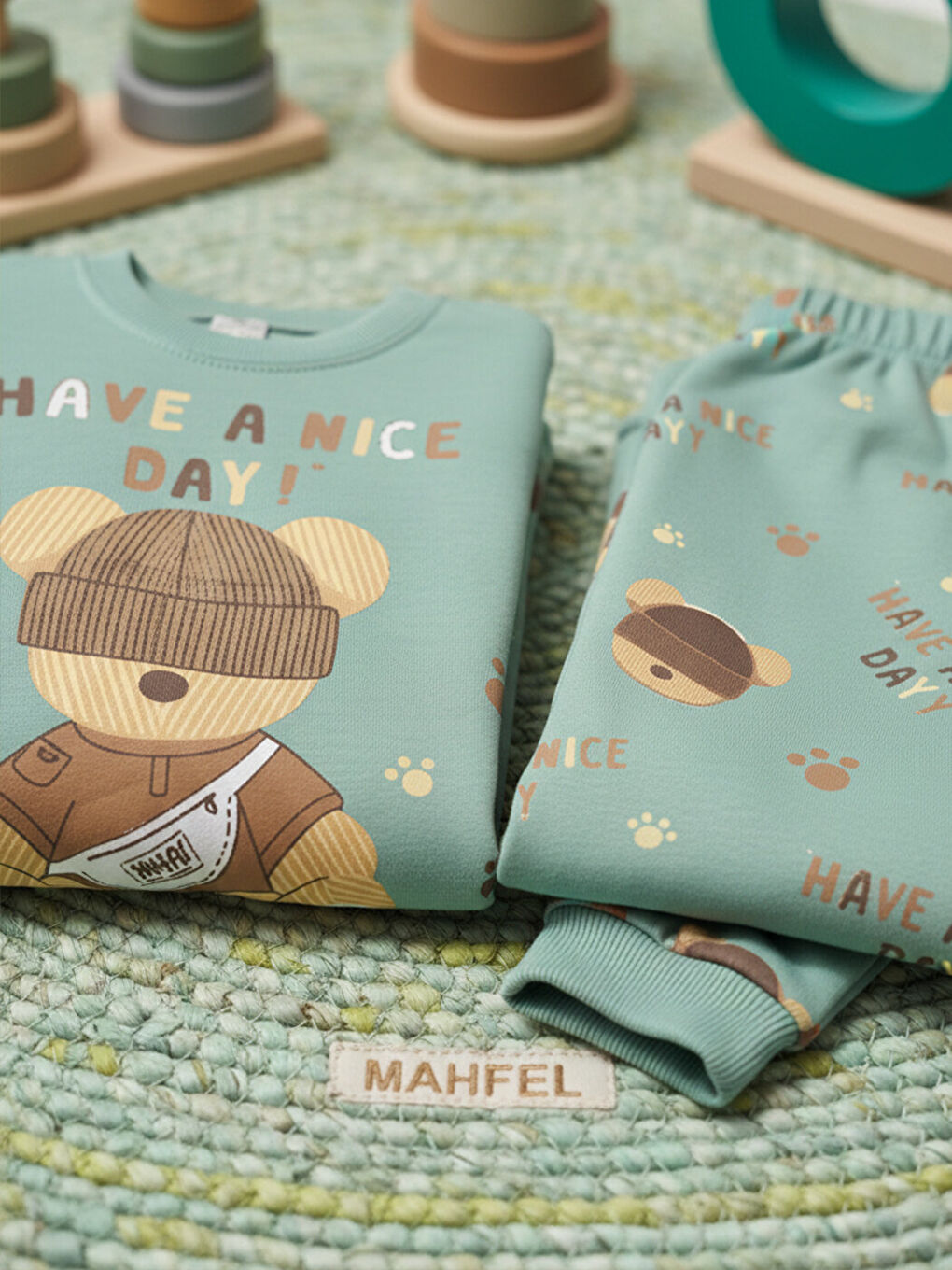Haki Premium Kız Çocuk Yeşil Teddy Bear Baskılı Çocuk Pijama Takımı 1-6 Yaş-5