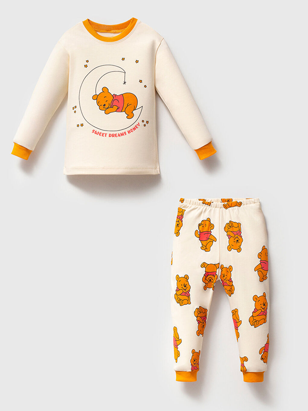 Ekru %100 Pamuklu Kız Çocuk Ballı Teddy Bear Baskılı Çocuk Pijama Takımı 1-6 Yaş