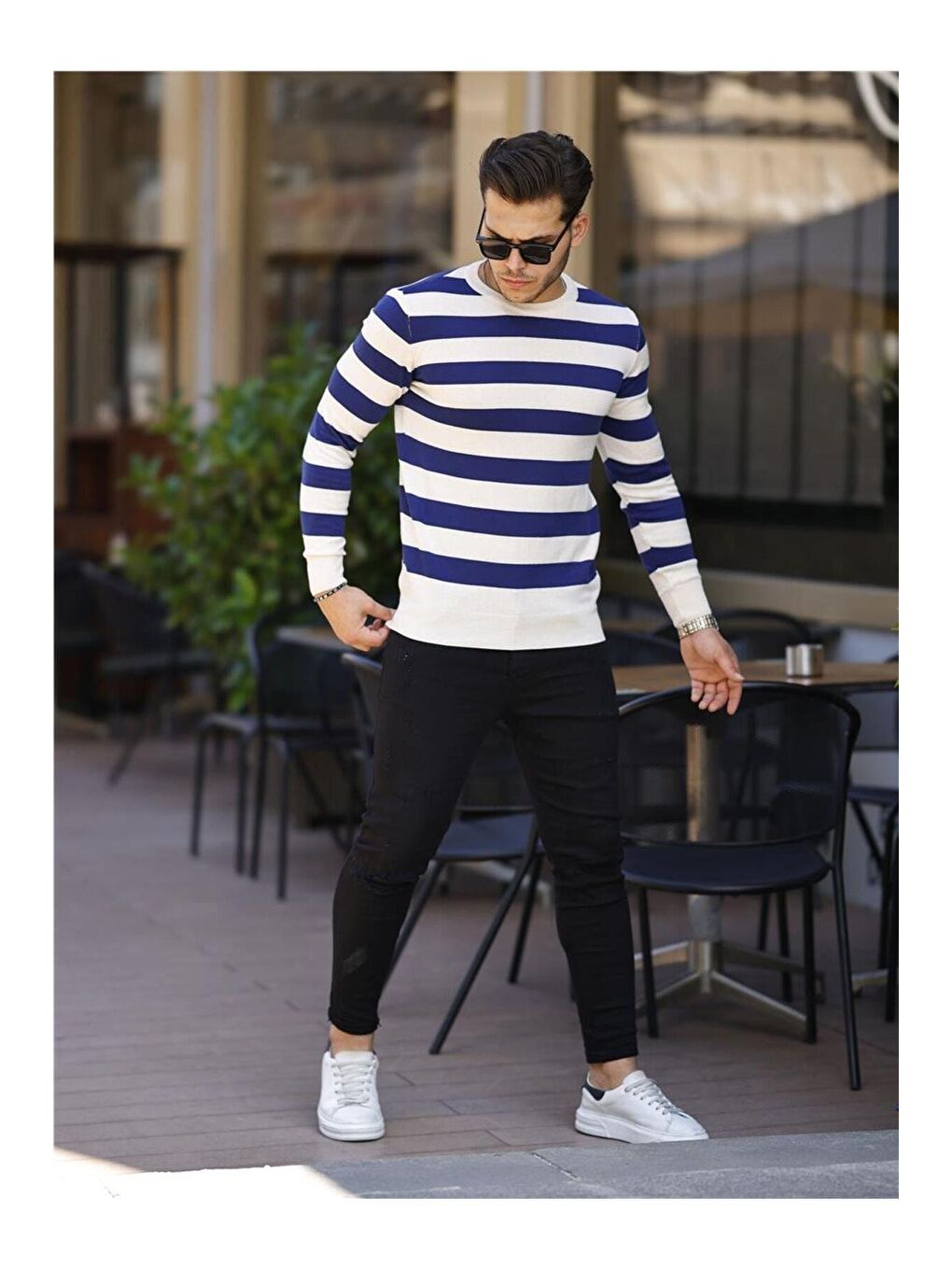 Tarz Cool Beyaz-İndigo Erkek Slim Fit Bisiklet Yaka Çizgili Triko Kazak - 1